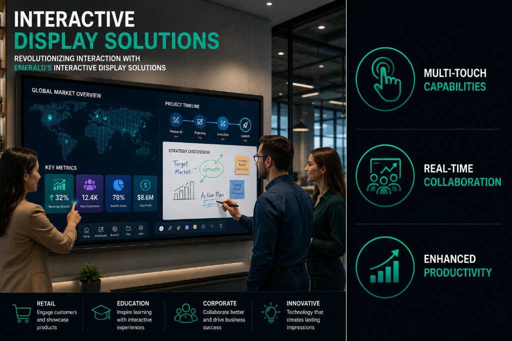 Team collaborating around an interactive touch display in a modern workspace