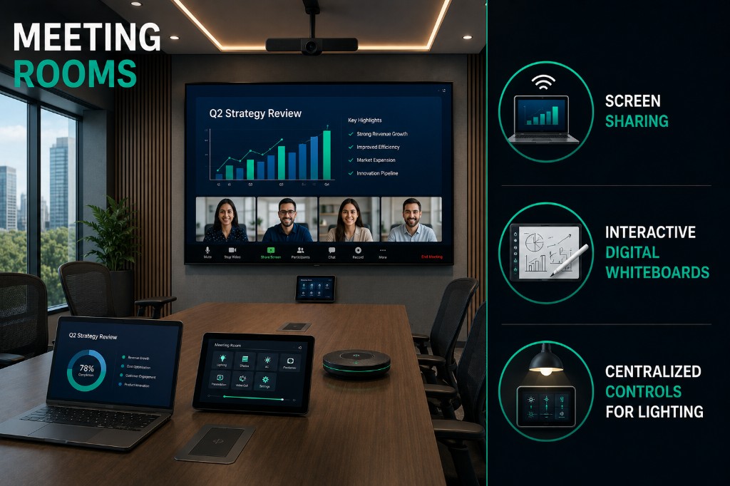Modern meeting room with video conferencing and collaboration technology