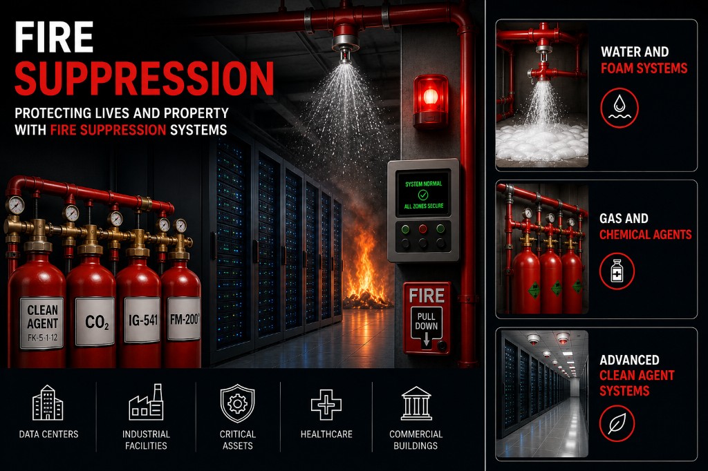 Industrial fire suppression system with pressurized tanks and distribution piping