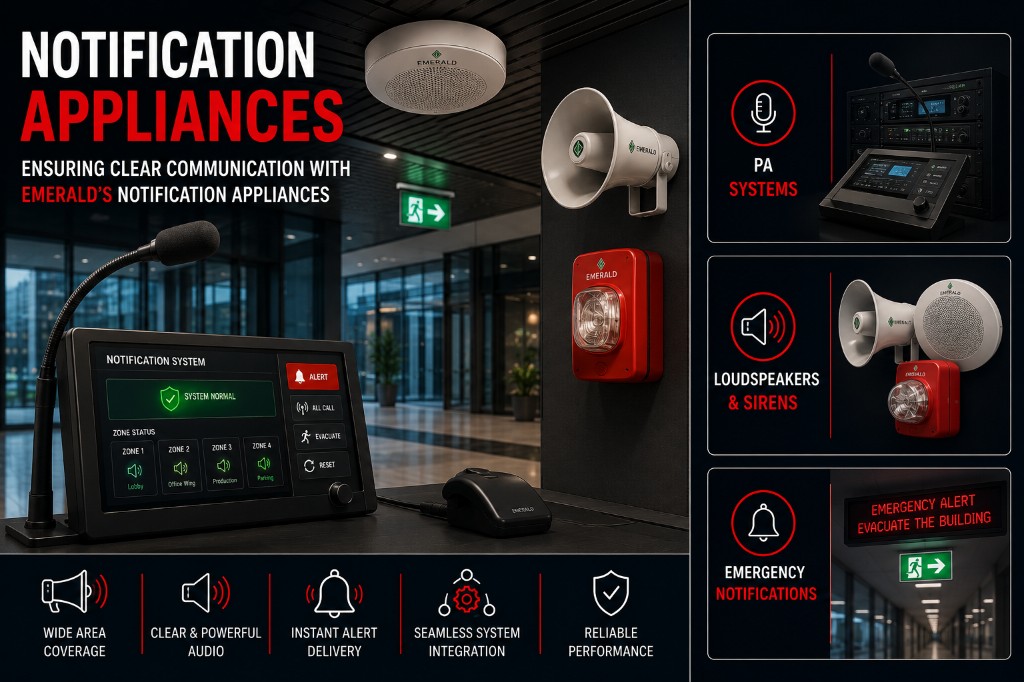 Public address system with loudspeakers and microphones for emergency notifications