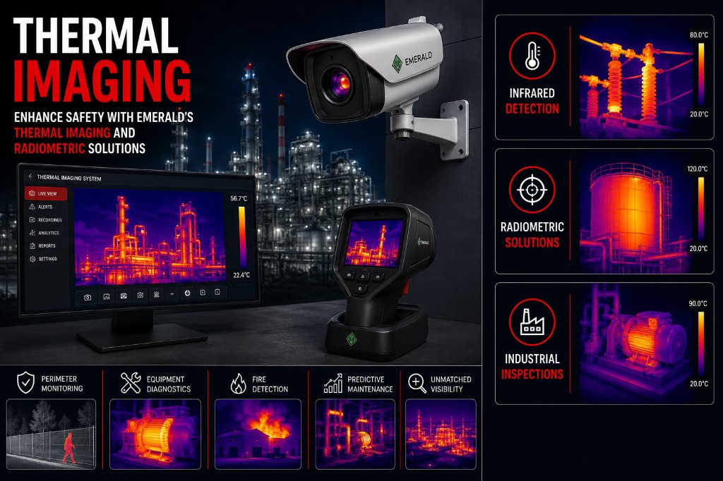 Thermal imaging camera with infrared and optical feeds for industrial fire safety monitoring