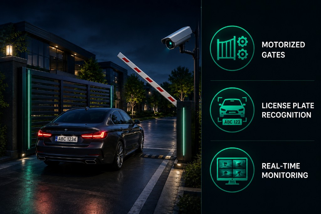 Automatic gate with license plate recognition at a secure vehicle checkpoint