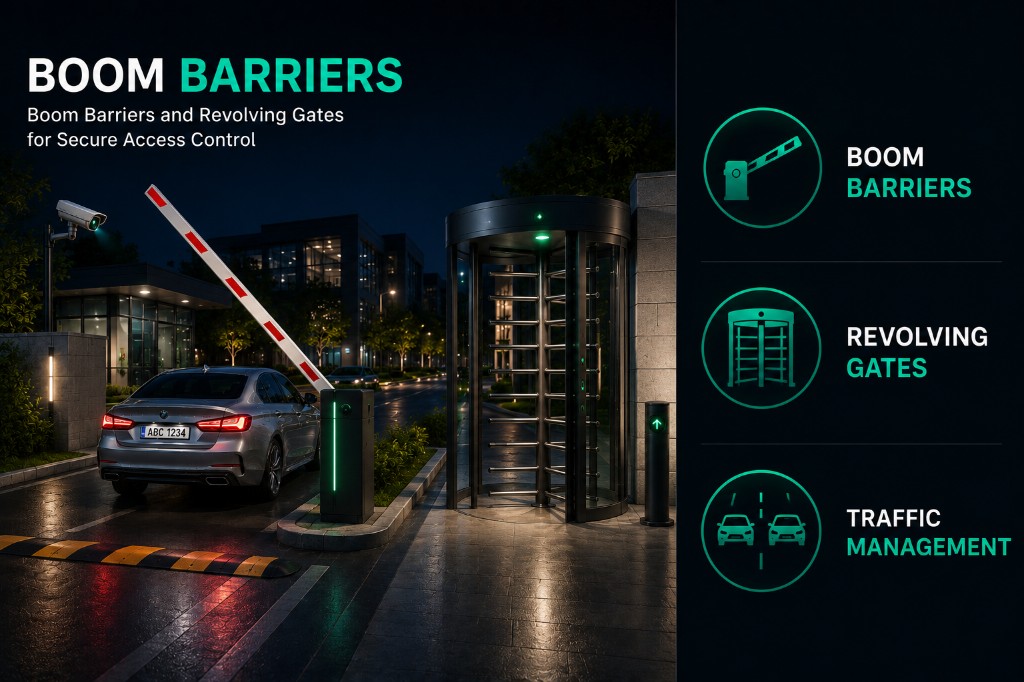 Boom barrier controlling vehicle access at a secure facility entrance