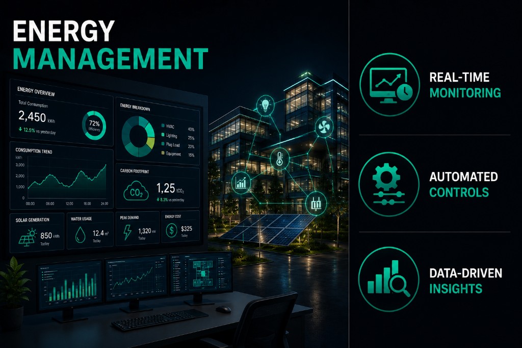 Energy management dashboard with real-time monitoring and automated building controls