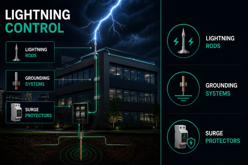 Lightning control and smart building protection systems with integrated control panels